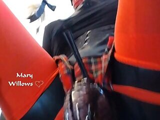 Mary Willows gimp with latex mask riding plug in chastity