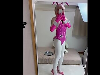 [no porn] Pink Bunny Sissy Moving with Mirror
